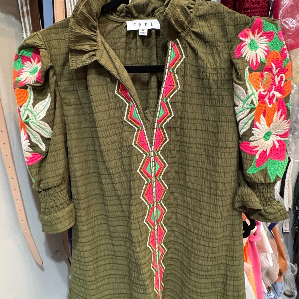 THML Green Blouse with Colorful Embroidery